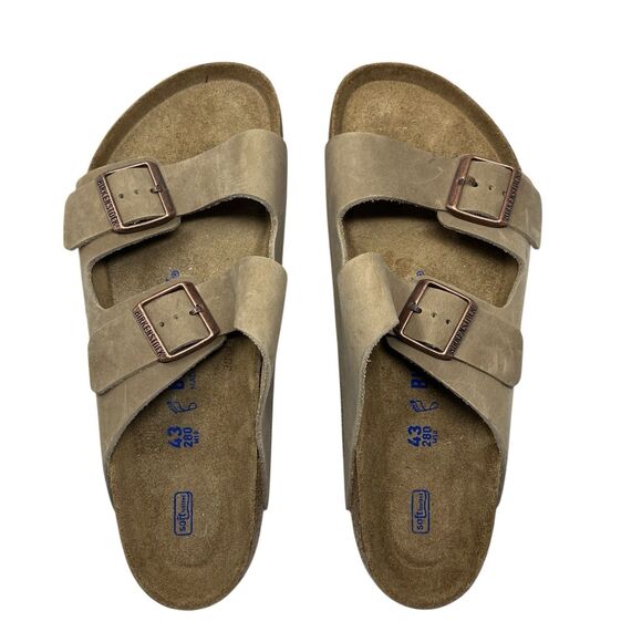 Birkenstock Arizona Sandals Mens 10 Taupe Oiled Leather Slip On Soft Footbed - Picture 12 of 12